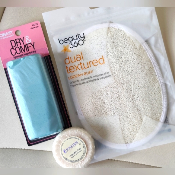 **BUNDLE ONLY** Set of Dual Texture Loofah/Buff, Shower Cap, and Vegetable Soap - Picture 1 of 3